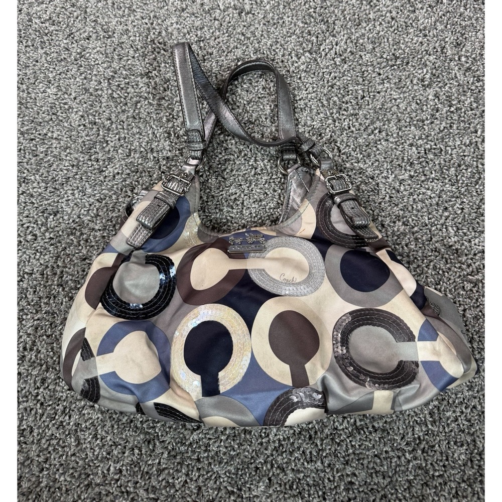 Vintage Y2K Coach Madison Op Art Sequin Maggie Shoulder Bag Beige Blue